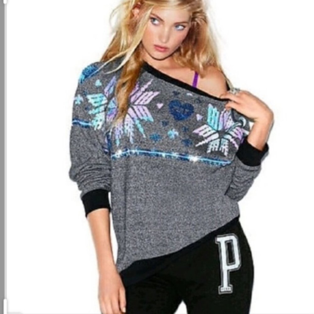 VS Pink Snowflake Sequin Crew Grey Sweatshirt XS
